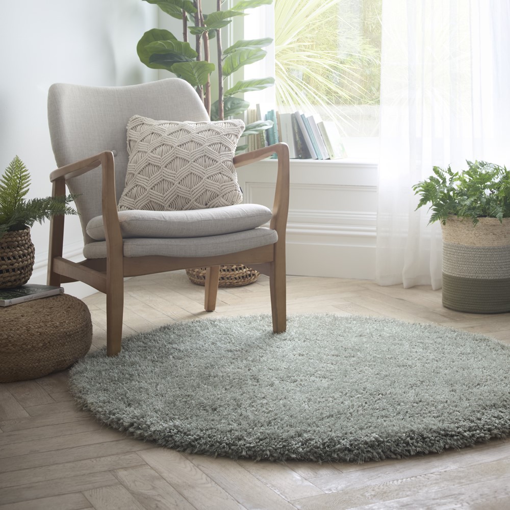 Chicago Circle Shaggy Plain Modern Rugs in Sage Green